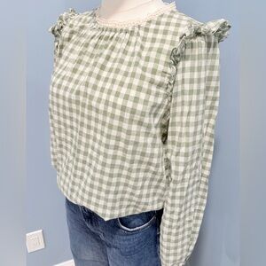 J.Crew Re-Imagined Green Gingham Lace Trim Blouse Size S